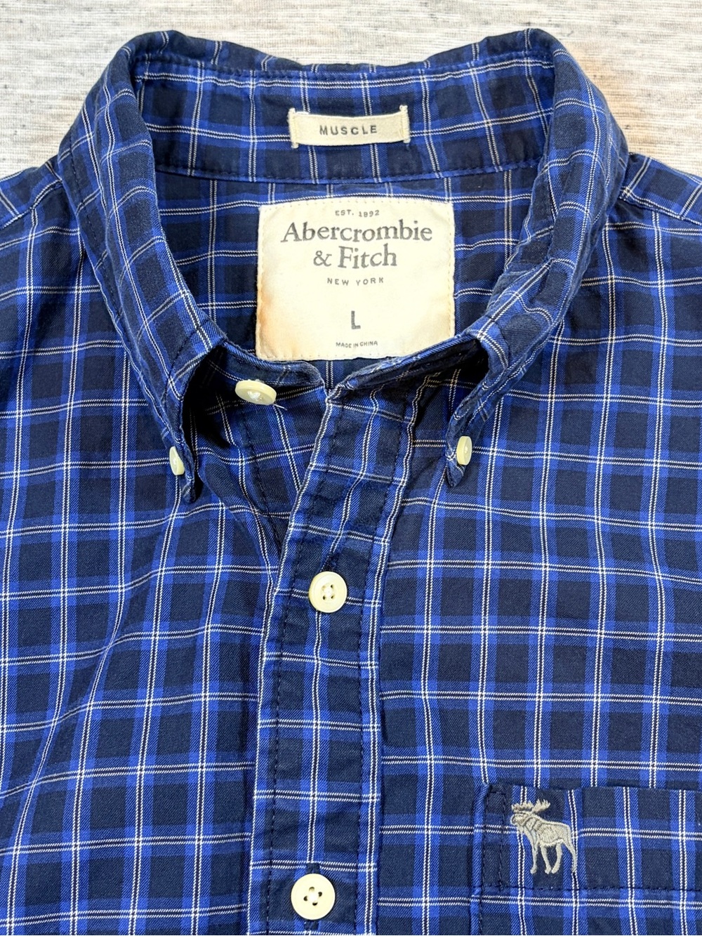 Abercrombie & Fitch Mens Blue Plaid Button Down Long Sleeve Muscle Fit Size Lrg